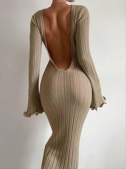 Fashion Slim Long-sleeved Ruffled Long Dress Sexy Hip-wrapped Back-less Knitted Maxi Dresses For Party Beach Womens Clothing